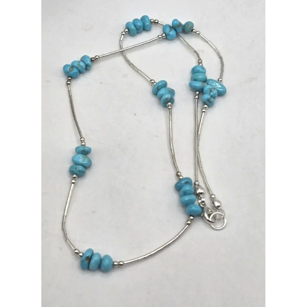 Genuine Turquoise Chips Liquid Silver 925 Necklace 18